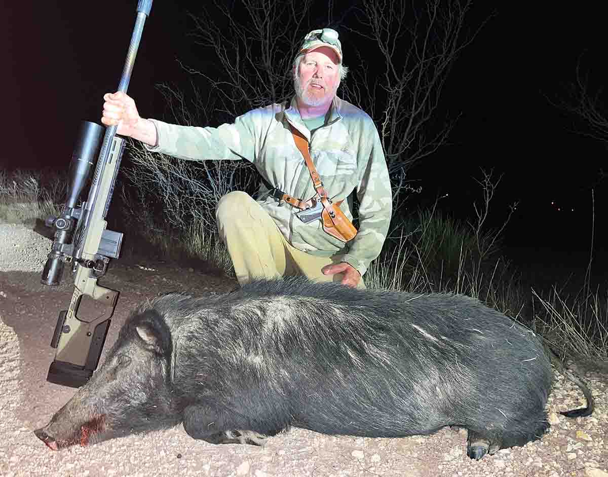Patrick toted the Upriver Precision Arms 224 Grendel test rifle on a recent hog-hunting foray to Texas. This large boar piled up within 50 yards following a devastating double-lung hit with a Hornady 90-grain, A-Tip Match bullet sent at 2,872 fps.